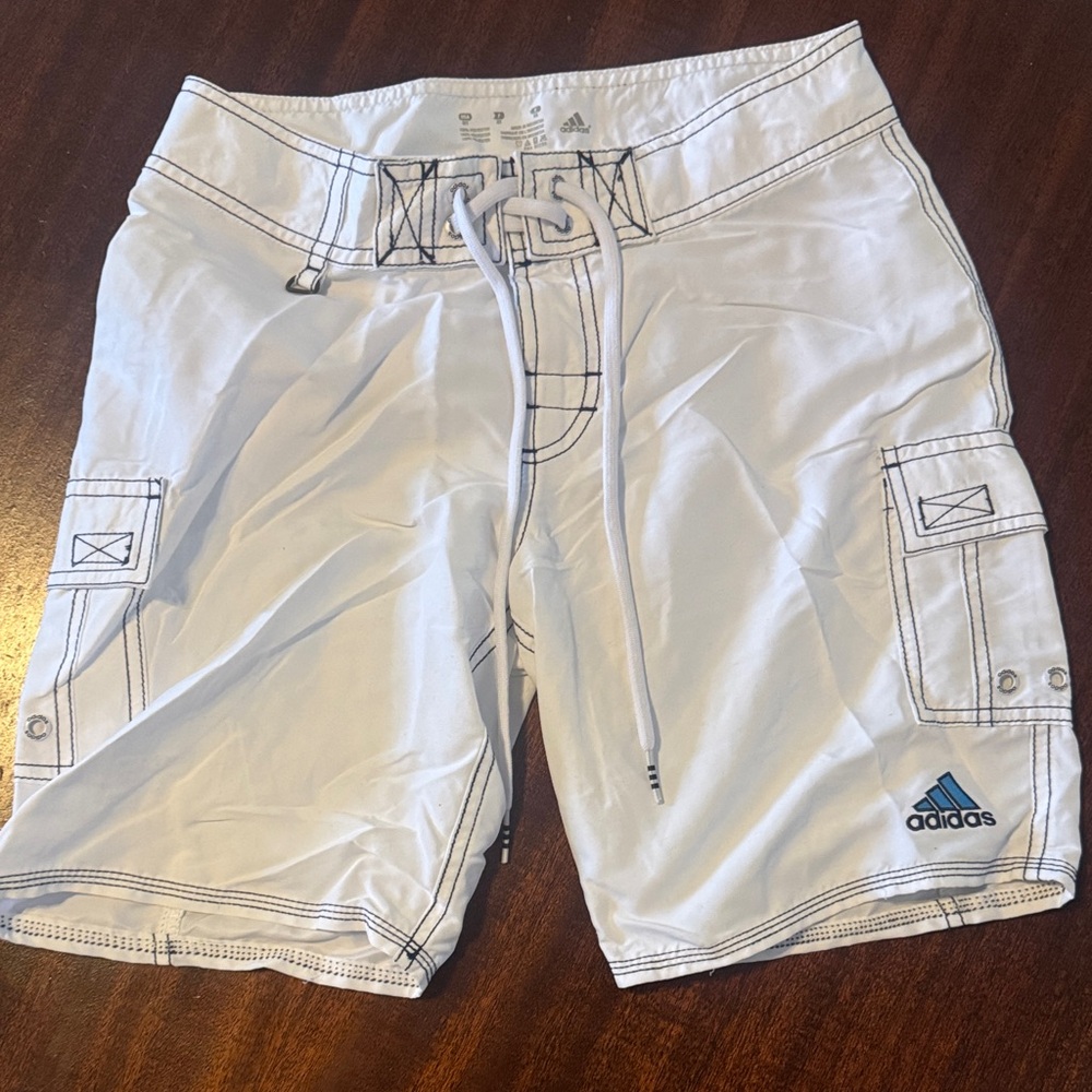 Adidas Men's White Cargo Shorts with Blue Logo